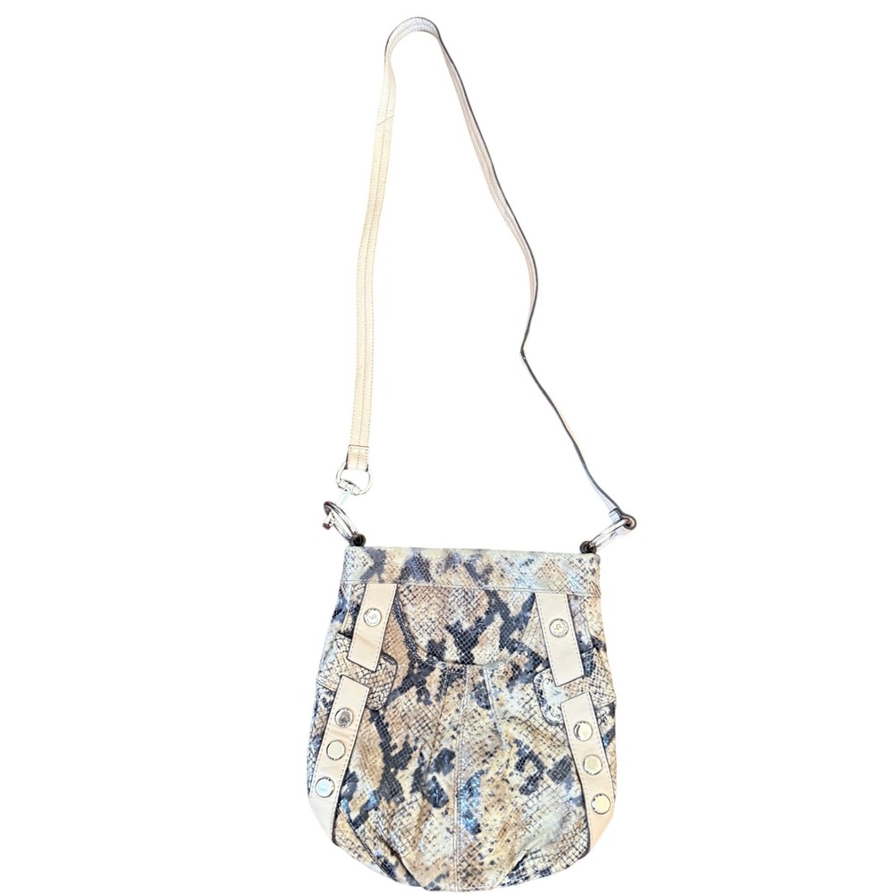 B Makowsky‎ Snake Print Leather Crossbody Hobo Bag Beige Studded Boho Purse Y2K